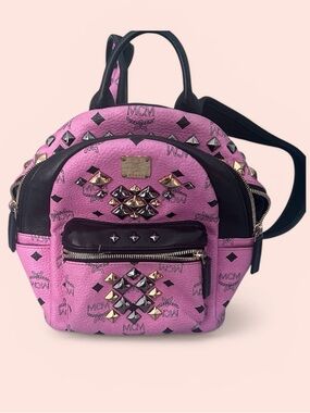 MCM Pink Leather Studded Mini Backpack with Black Accents